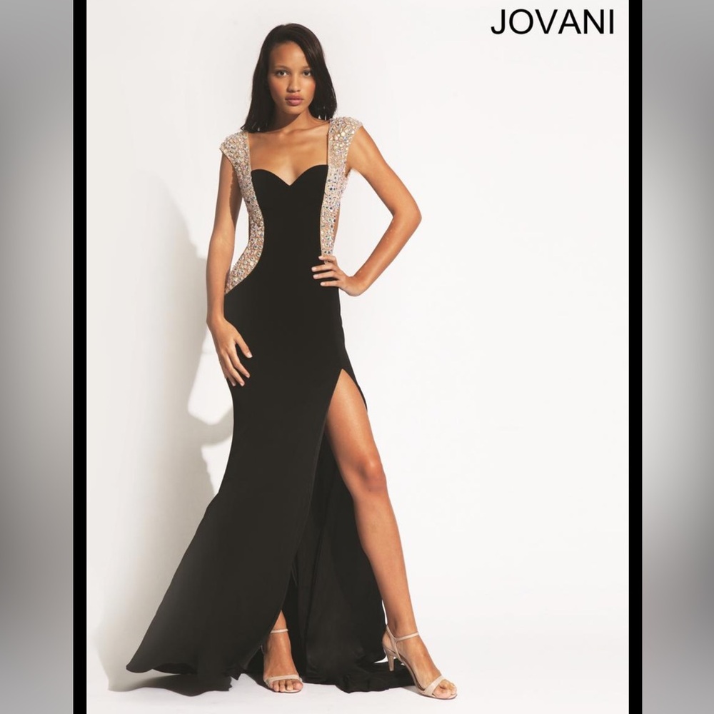 NWT JOVANI Elegant Black Evening Gown with Silver Accents